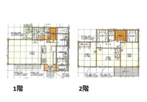 Two-story house floor plans: first floor with living/kitchen and bathroom areas, second floor with three bedrooms and a balcony (labeled 1階 and 2階).